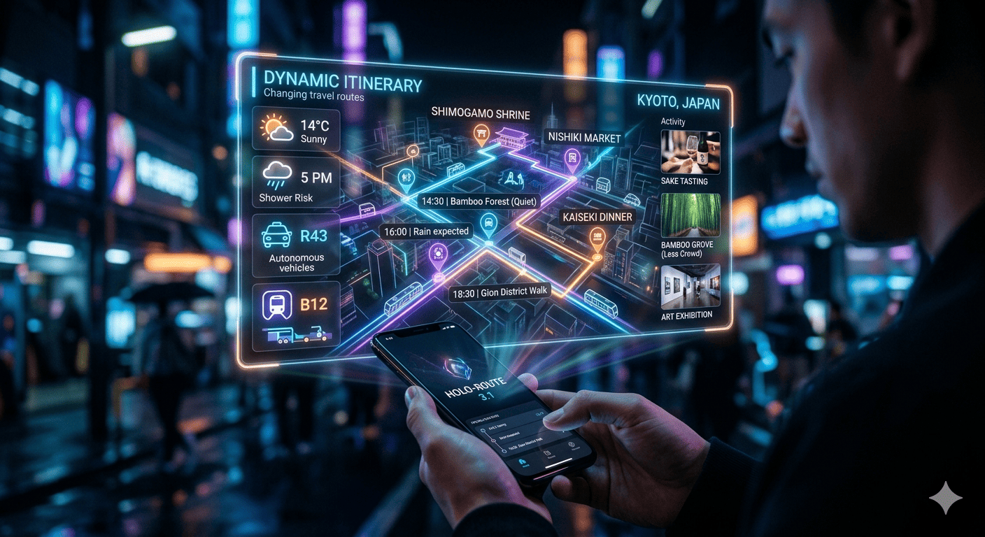 The image displays a futuristic augmented reality interface for a "Dynamic Itinerary" featuring real-time travel information, weather and activity planning. 