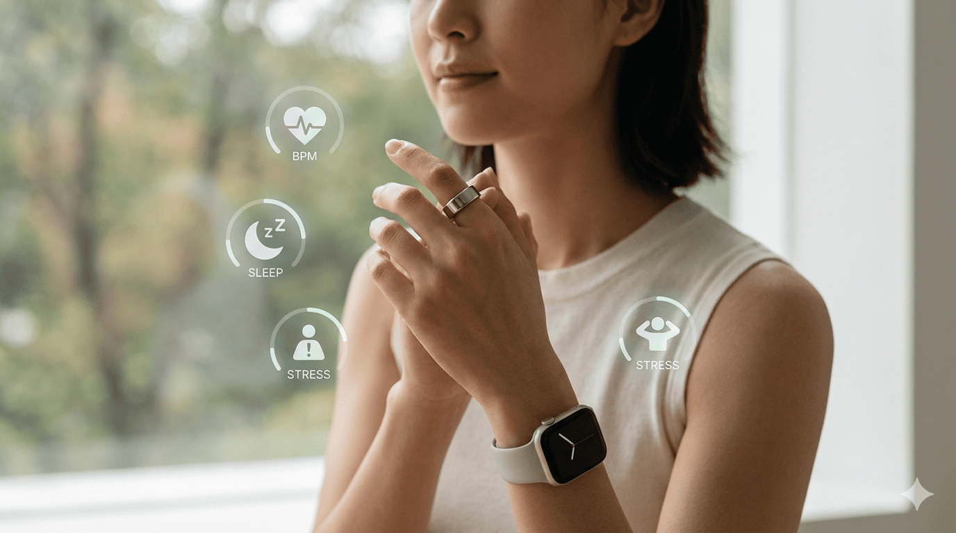 This image shows wearable device for tracking health metrics such as heart rate, sleep, and stress.  Photo courtesy of AI.