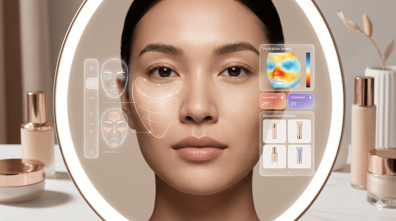 This image displays a concept of a smart beauty mirror that utilizes augmented reality. Photo courtesy of AI.