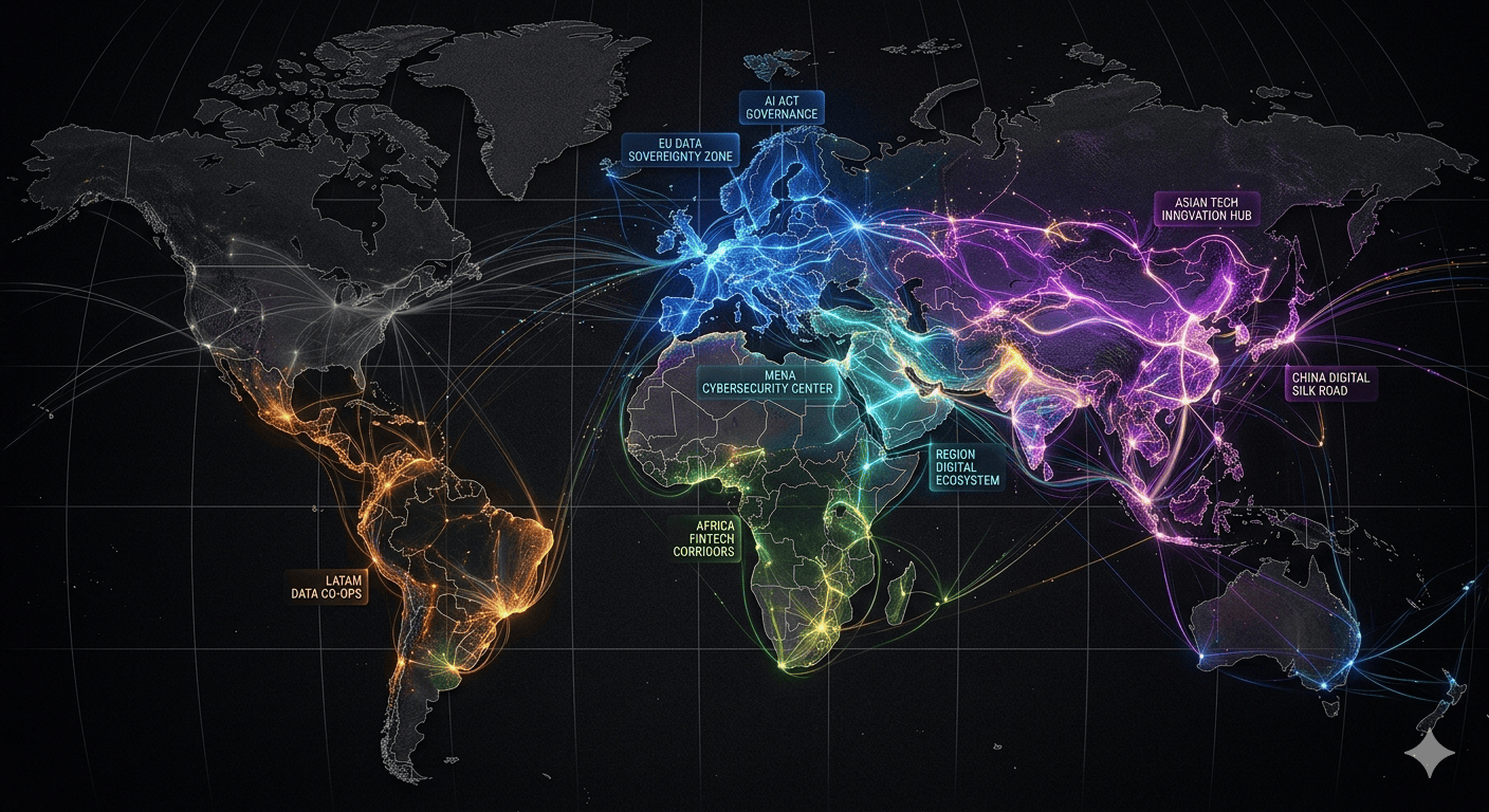 The provided image is a map highlighting various regional digital and technological initiatives across the globe. Photo Credit: Ai