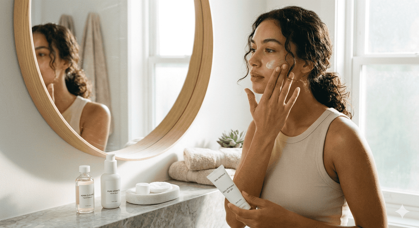 This image depicts a person performing a daily skincare routine.