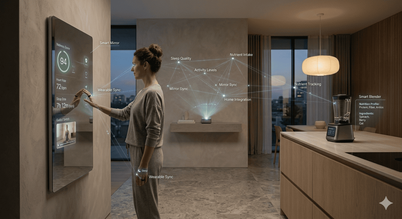 The image displays a conceptual smart home wellness ecosystem. Photo Credit: Ai