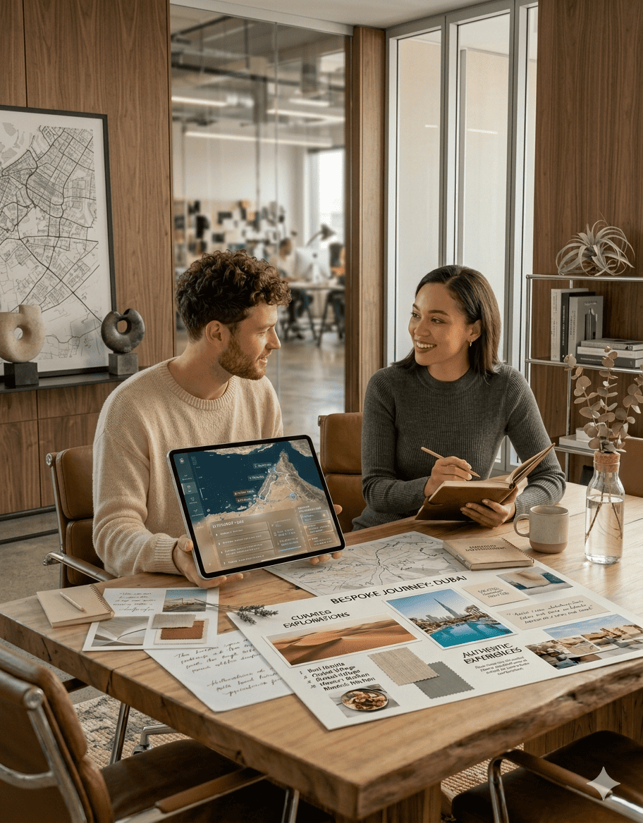 Legacy Magazine, Two travel planners sitting collaborating on a digital itinerary. 