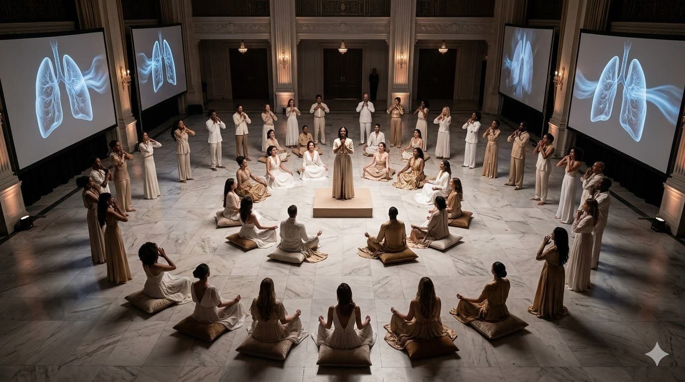 This image depicts a group of people participating in a structured wellness or meditation event 