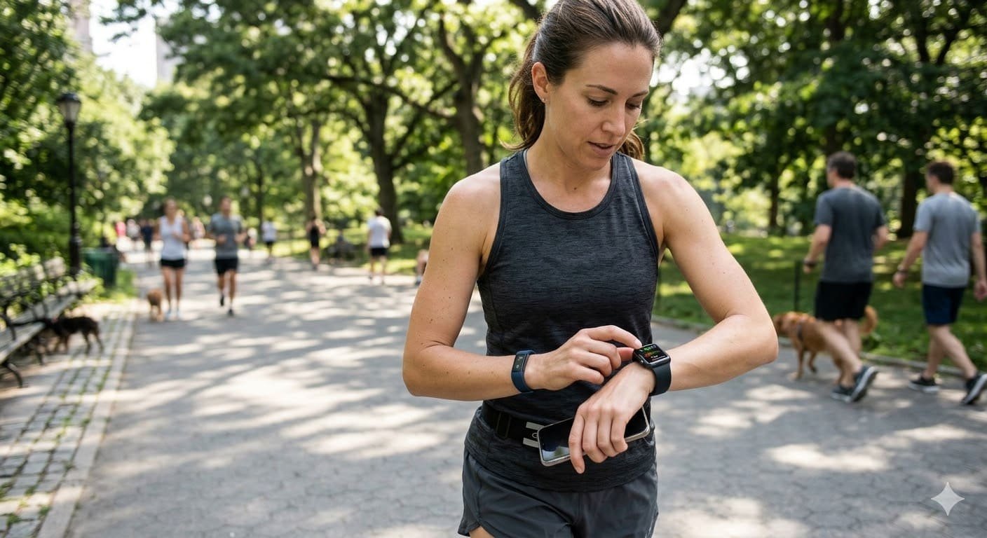 This image shows a person checking their smartwatch while out for a run in a park. 