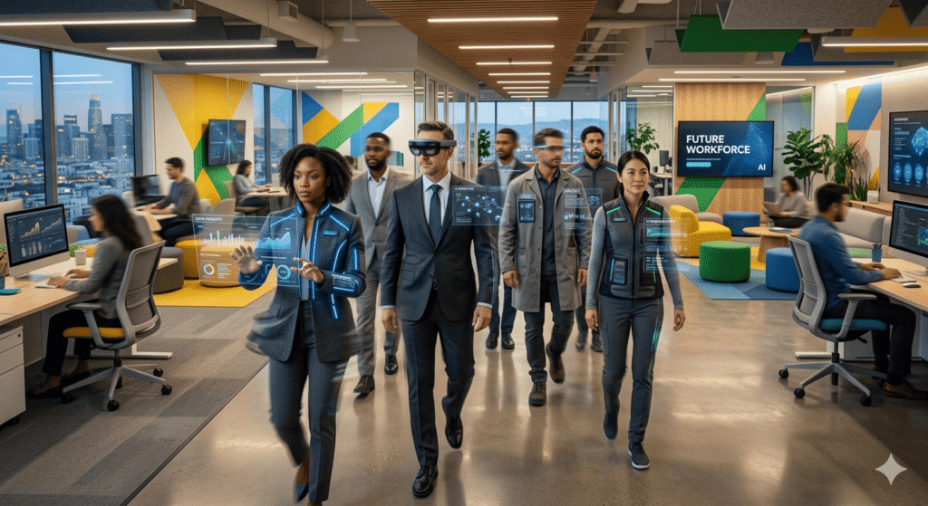 This image depicts a modern office environment illustrating the integration of advanced technology.