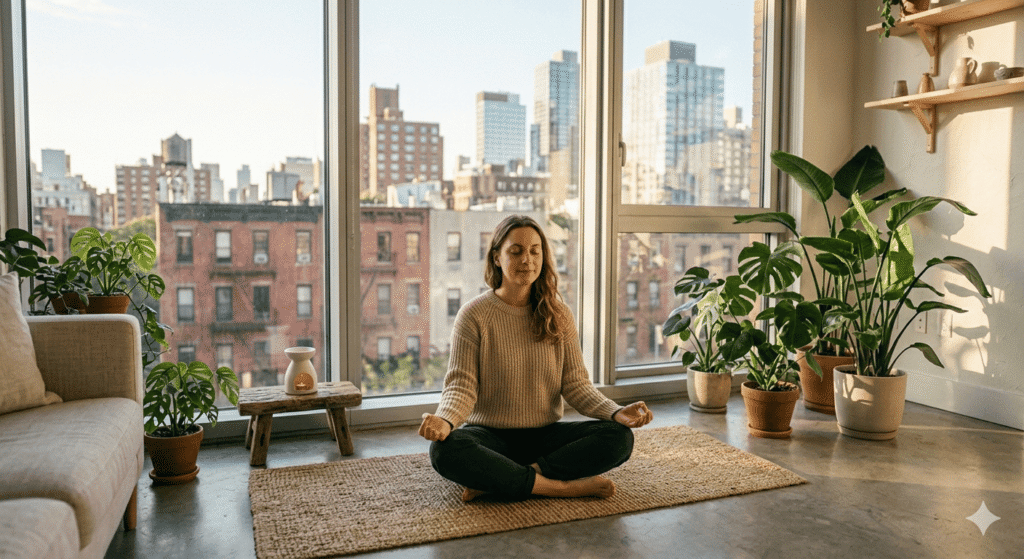 This image shows an individual practicing meditation.