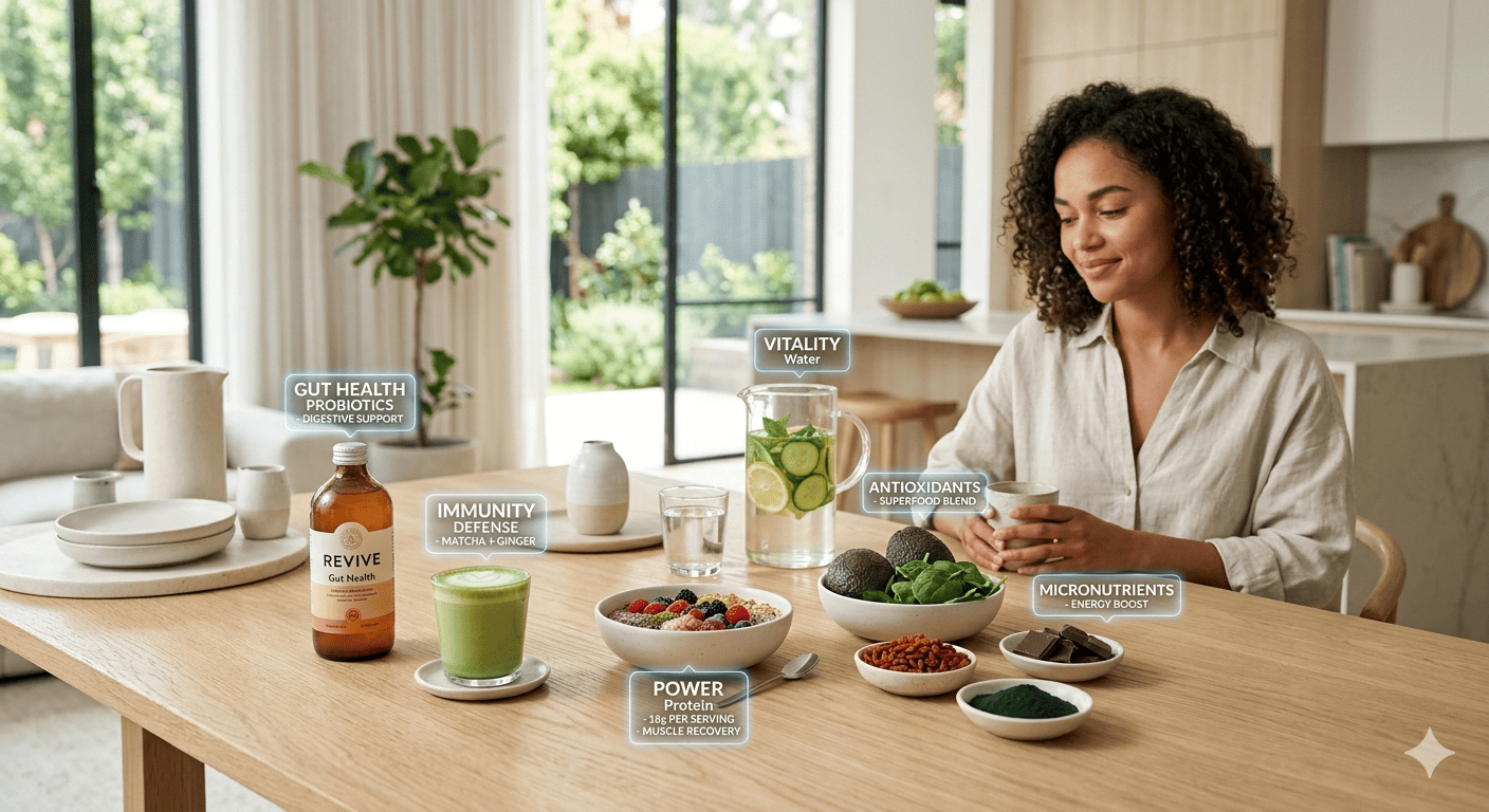 This image features a wellness setup focusing on various health benefits, including gut health, immunity defense and energy boosts.