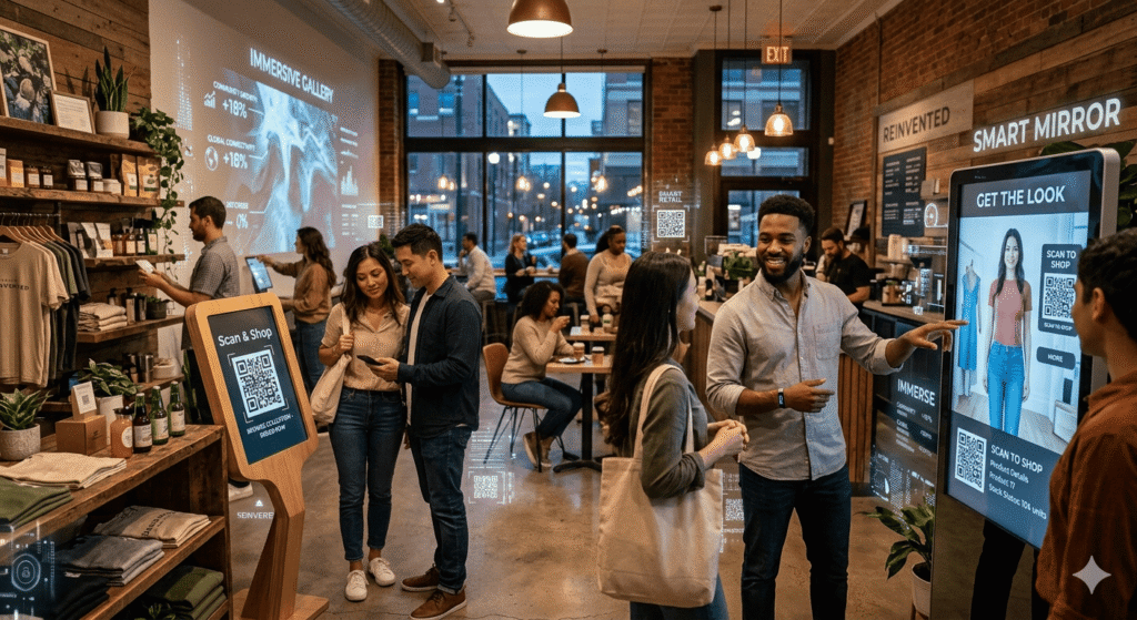 This image features a retail environment showcasing "smart mirror" technology designed to enhance the shopping experience through digital interaction.