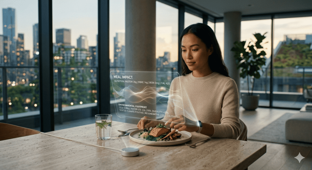 This image depicts an augmented reality application designed to display nutritional and environmental information about a meal. 