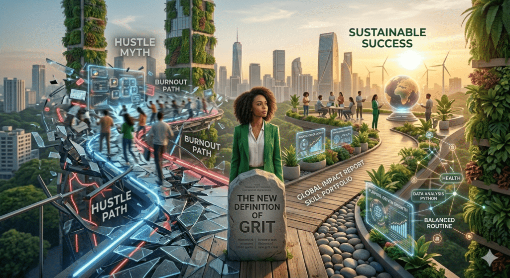 This image is a conceptual illustration contrasting two approaches to professional life and personal development. 