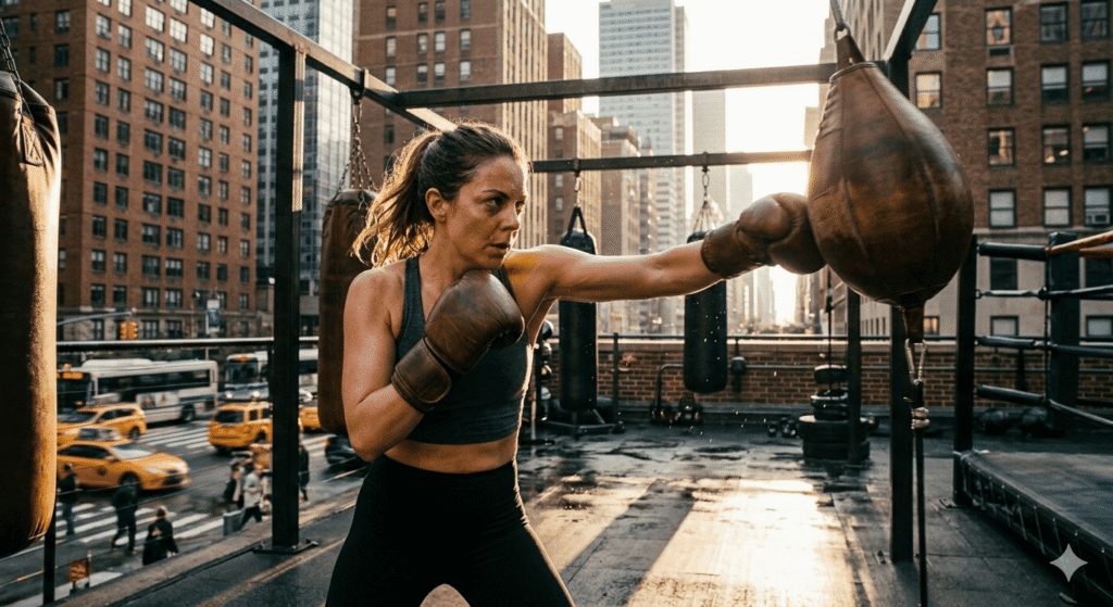 This image shows an individual engaging in a boxing workout on an urban rooftop.