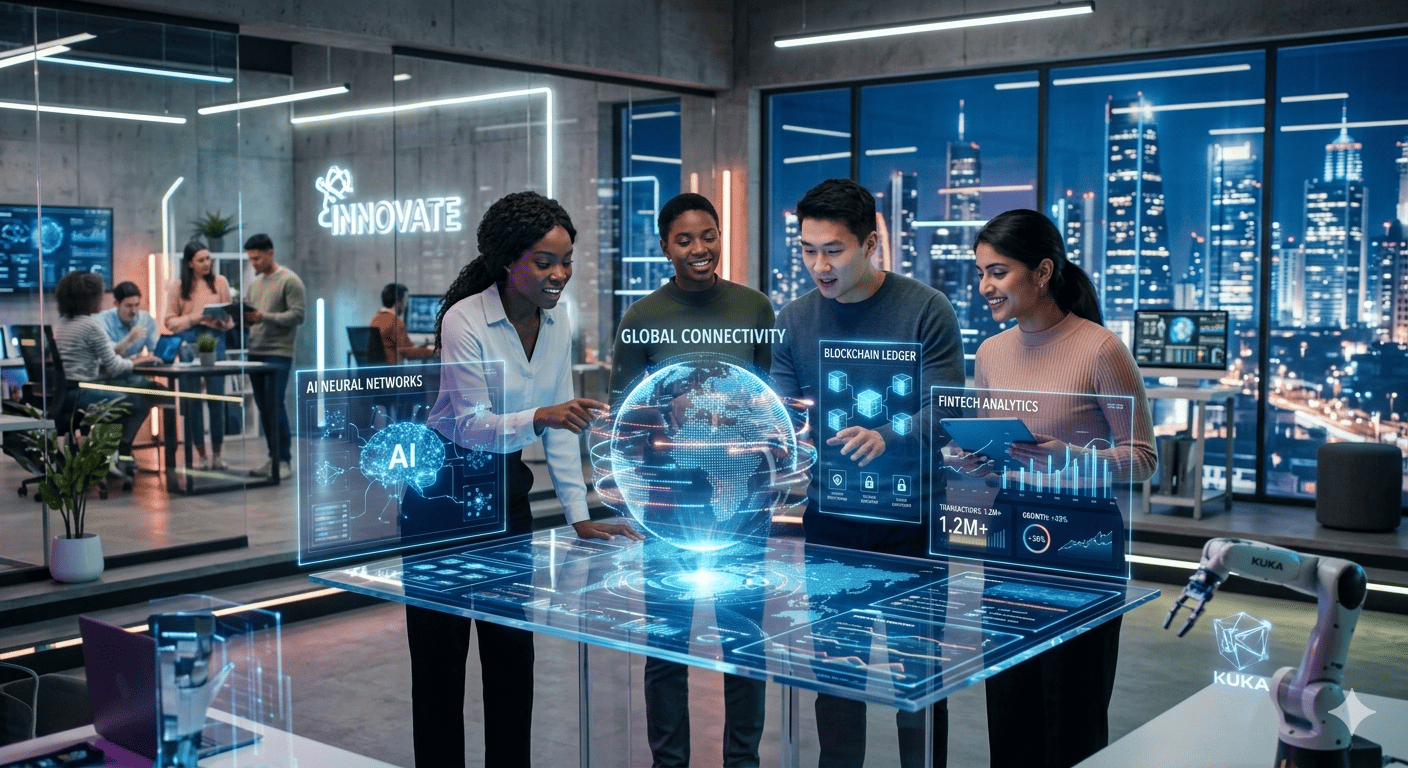 This image depicts a professional team working in a futuristic, technology-driven office environment. 