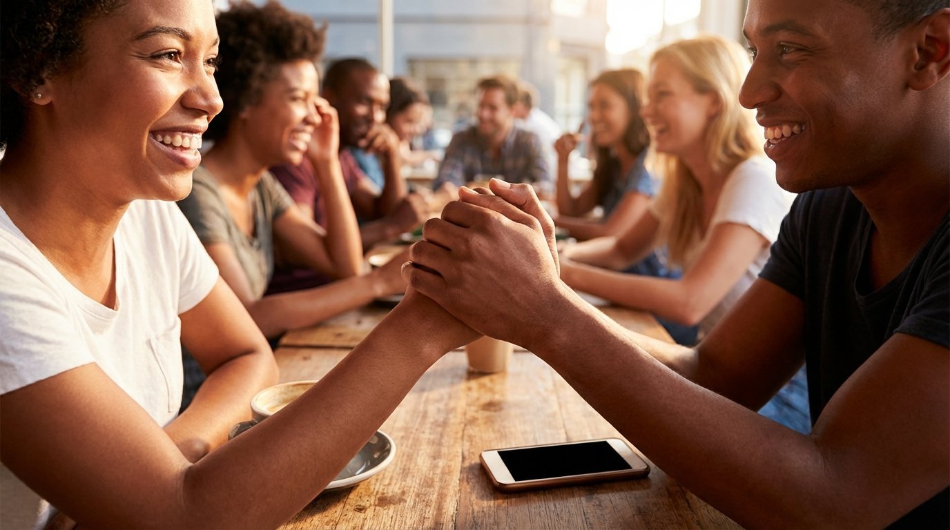 This image depicts a group of people engaged in conversation around a table, suggesting a social gathering.