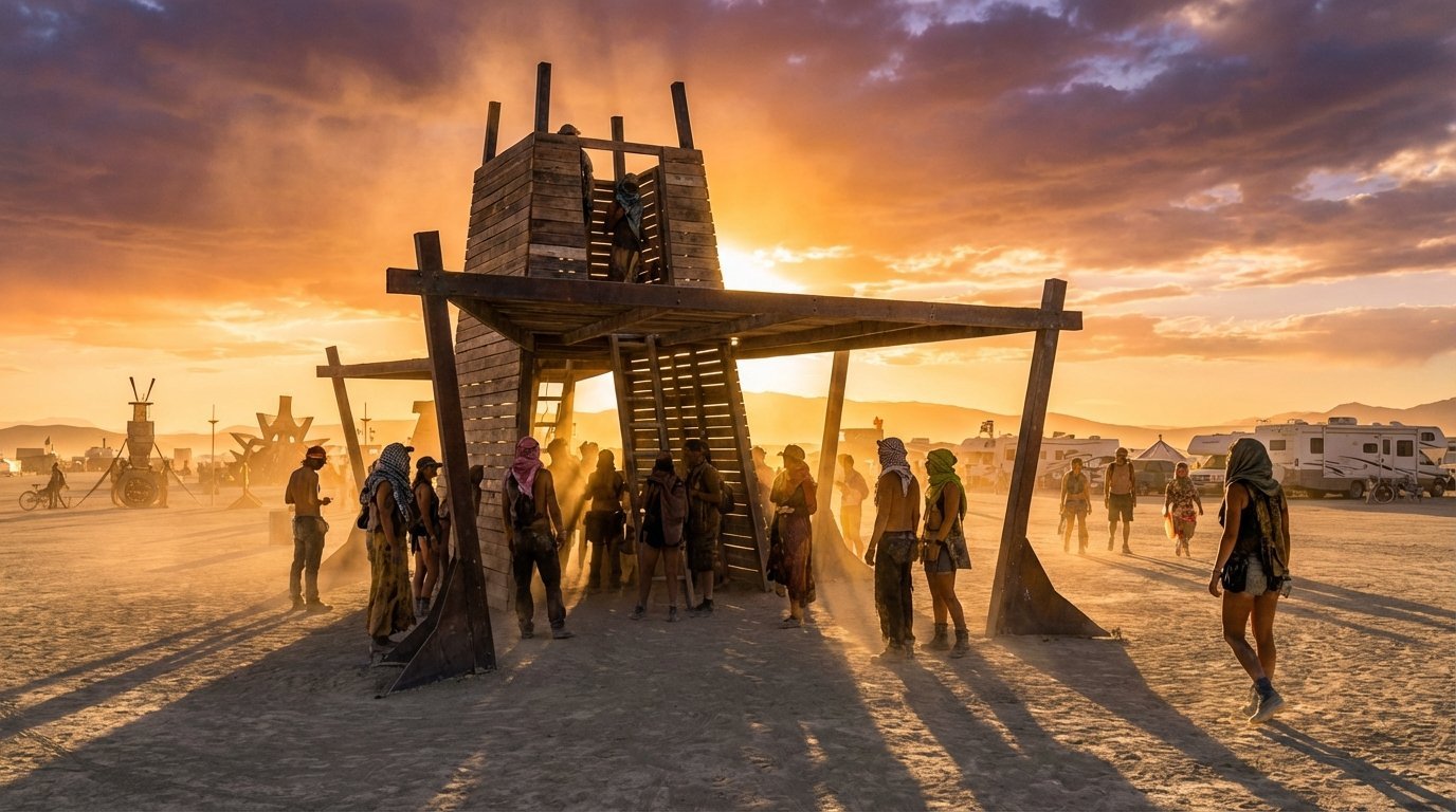 This image depicts a moment at the Burning Man festival held in the Black Rock Desert of Nevada.