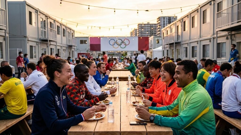 This image shows  a moment in the Olympic Village, where athletes gather to eat together. 